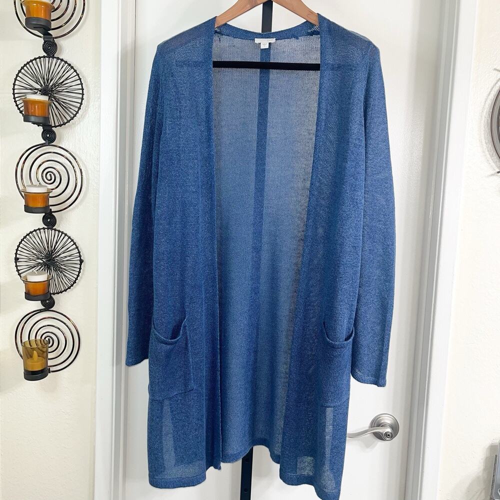 J Jill Womens Light & Long Linen Blend Open Front Cardigan - Blue, Size S